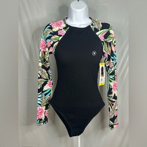 Hurley Floral Long Sleeve Rash Guard One Piece Swimsuit UPF 50+ Small NWT